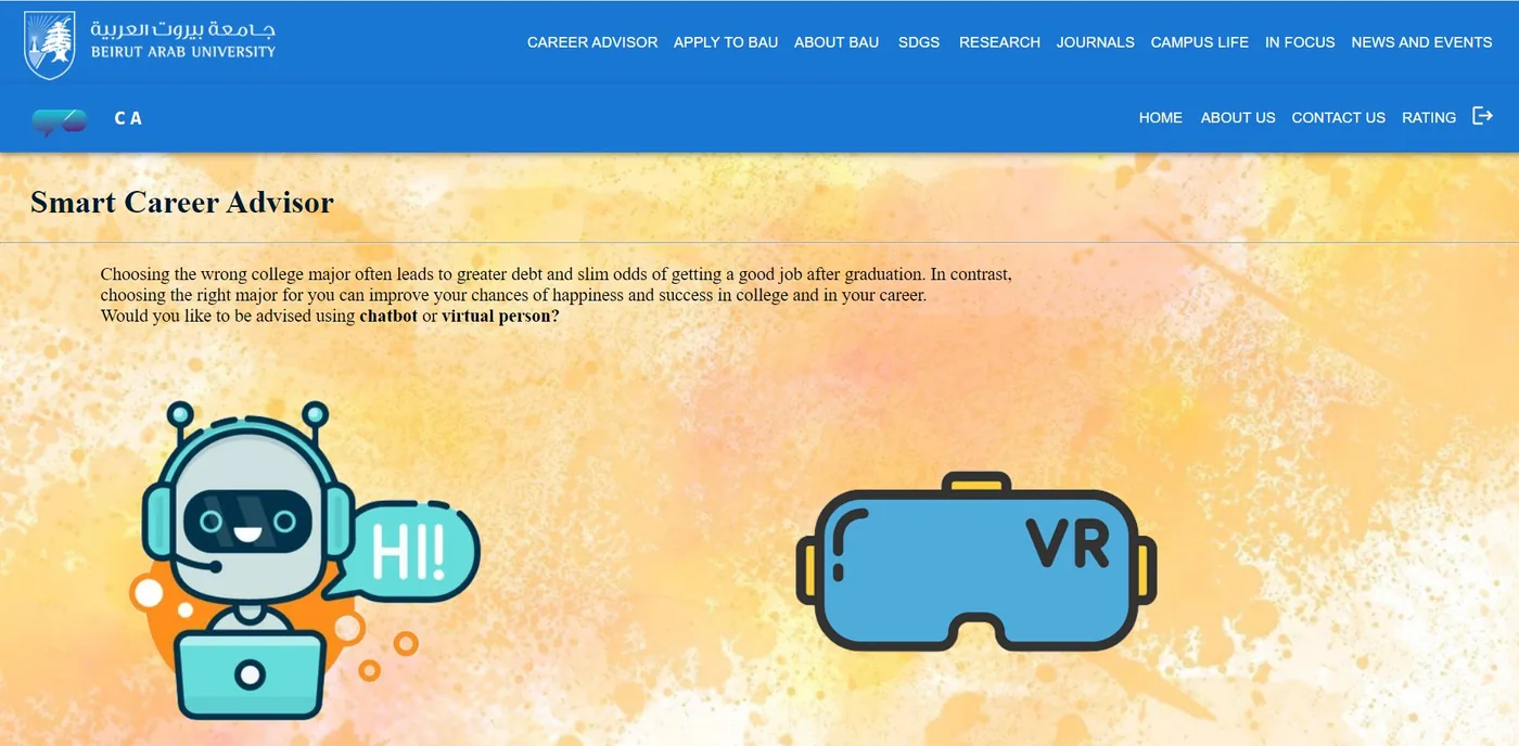 Career Advisor web app for Beirut Arab University with chatbot and VR options