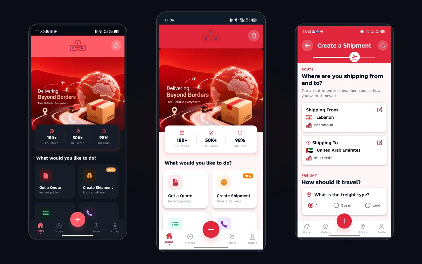 CTC mobile app — home screen in dark and light mode, and the shipment route step